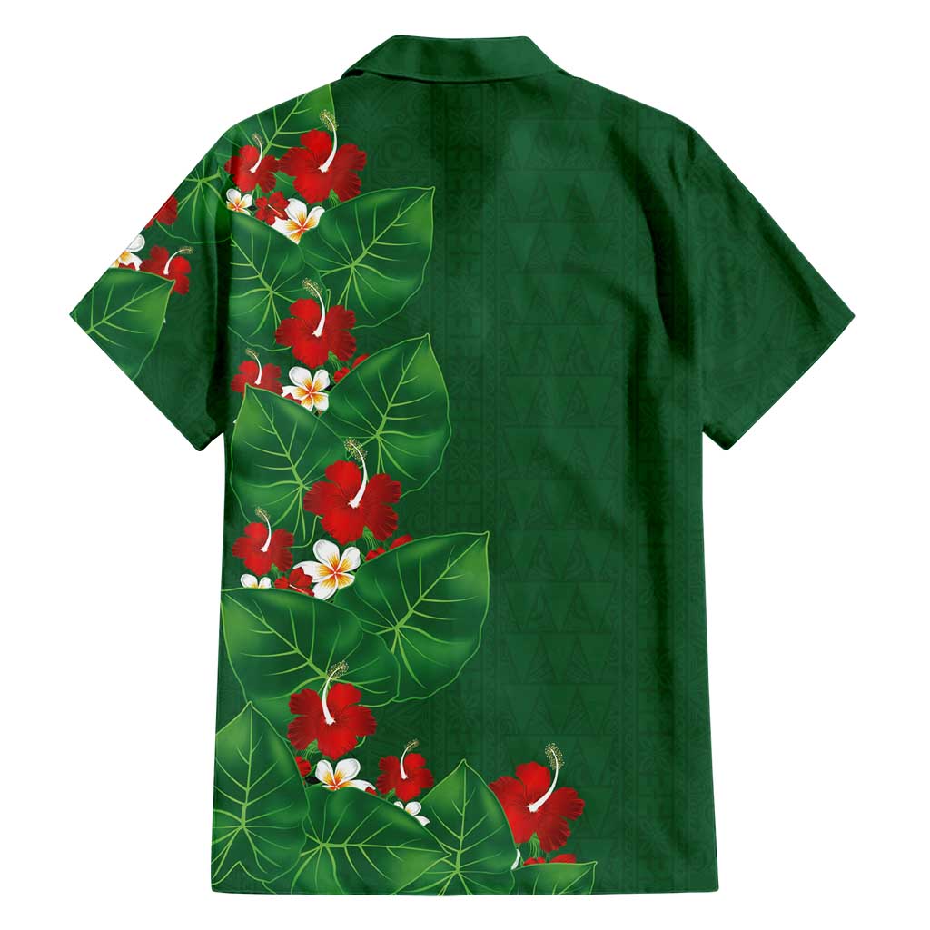 Hawaiian Taro Leaves-Hibiscus and Plumeria Family Matching Summer Maxi Dress and Hawaiian Shirt Polynesian Art-Kakau Tattoo Green