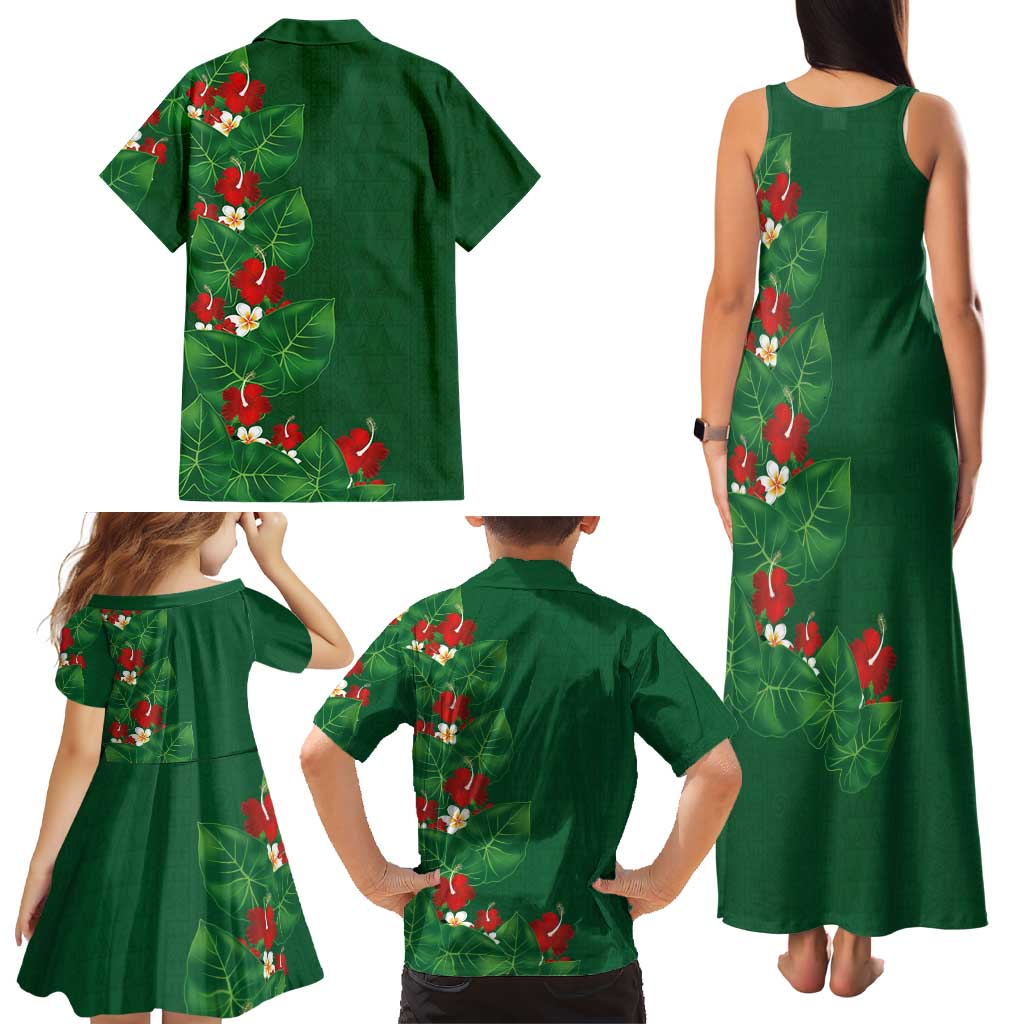 Hawaiian Taro Leaves-Hibiscus and Plumeria Family Matching Tank Maxi Dress and Hawaiian Shirt Polynesian Art-Kakau Tattoo Green