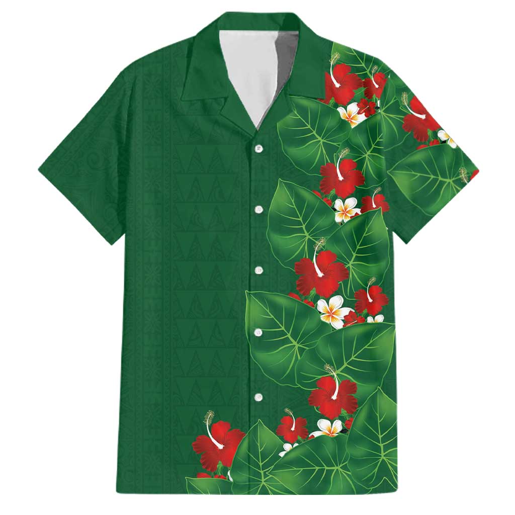 Hawaiian Taro Leaves-Hibiscus and Plumeria Family Matching Tank Maxi Dress and Hawaiian Shirt Polynesian Art-Kakau Tattoo Green