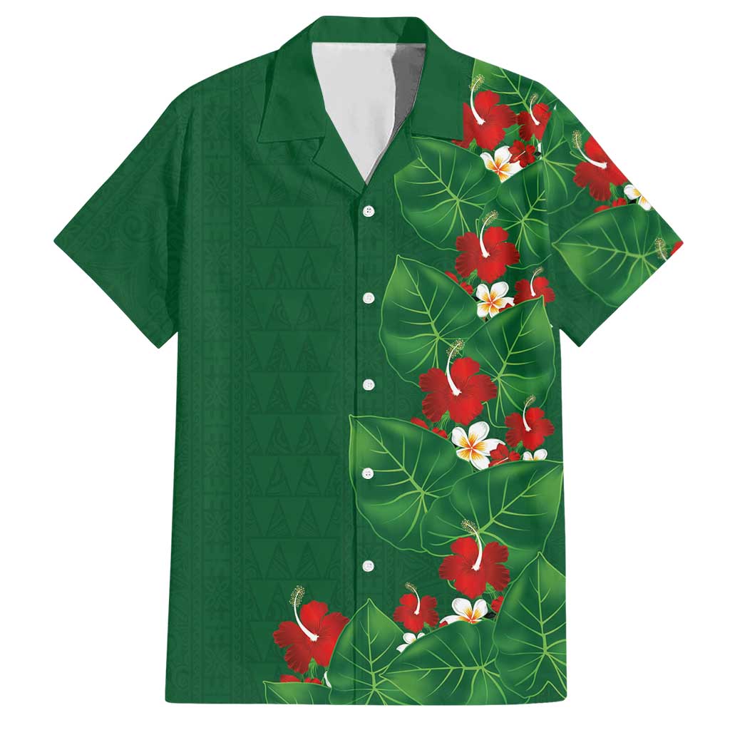 Hawaiian Taro Leaves-Hibiscus and Plumeria Hawaiian Shirt Polynesian Art-Kakau Tattoo Green