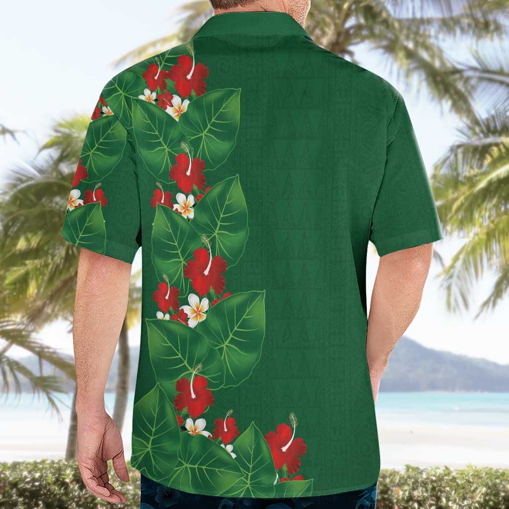 Hawaiian Taro Leaves-Hibiscus and Plumeria Hawaiian Shirt Polynesian Art-Kakau Tattoo Green