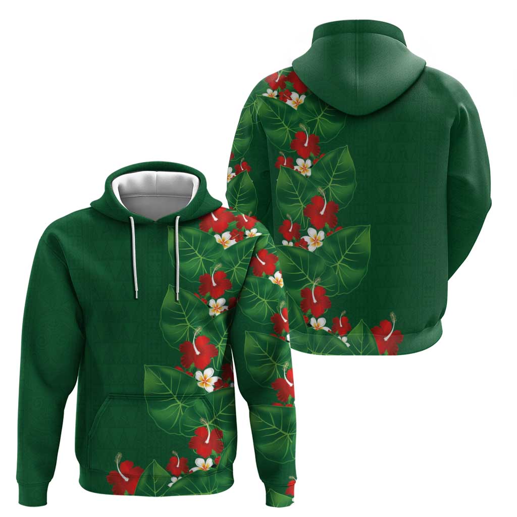 Hawaiian Taro Leaves-Hibiscus and Plumeria Hoodie Polynesian Art-Kakau Tattoo Green