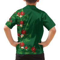 Hawaiian Taro Leaves-Hibiscus and Plumeria Kid Hawaiian Shirt Polynesian Art-Kakau Tattoo Green