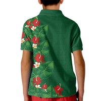 Hawaiian Taro Leaves-Hibiscus and Plumeria Kid Polo Shirt Polynesian Art-Kakau Tattoo Green