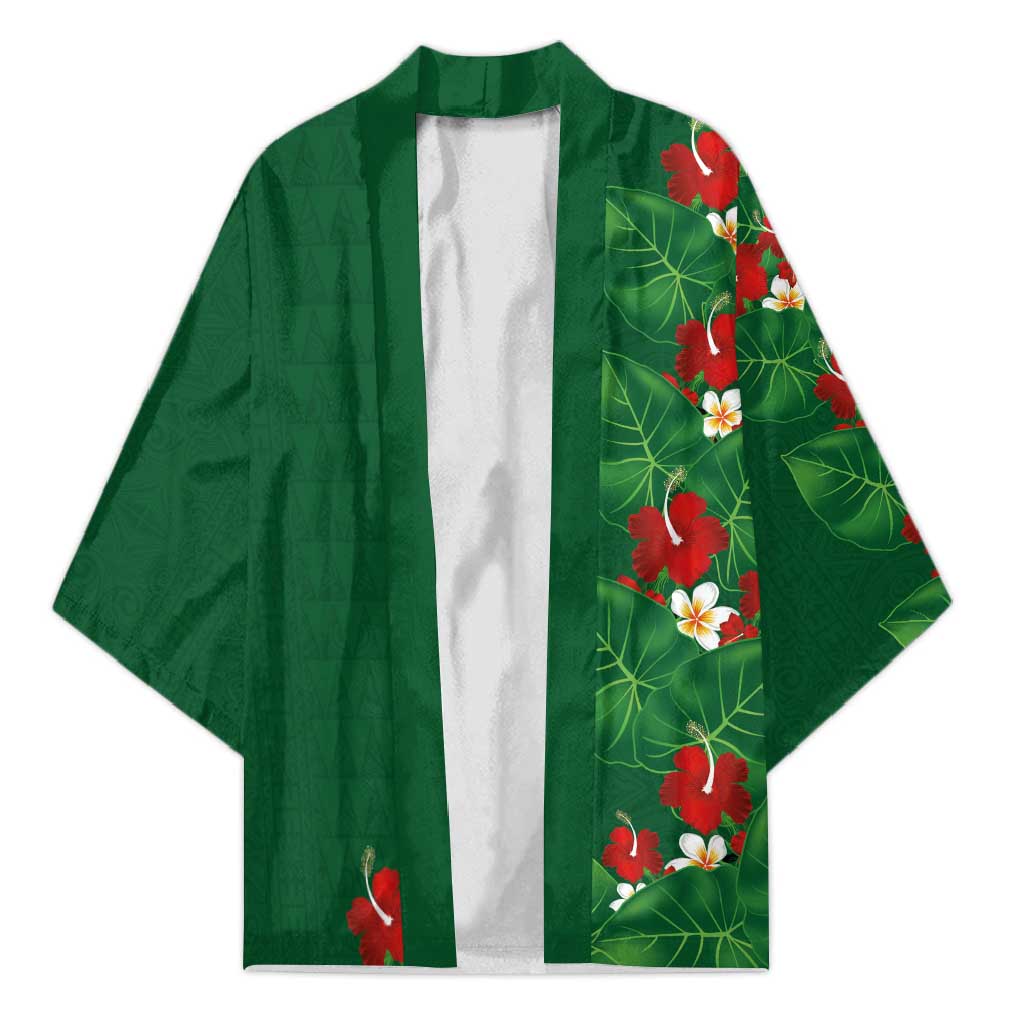 Hawaiian Taro Leaves-Hibiscus and Plumeria Kimono Polynesian Art-Kakau Tattoo Green
