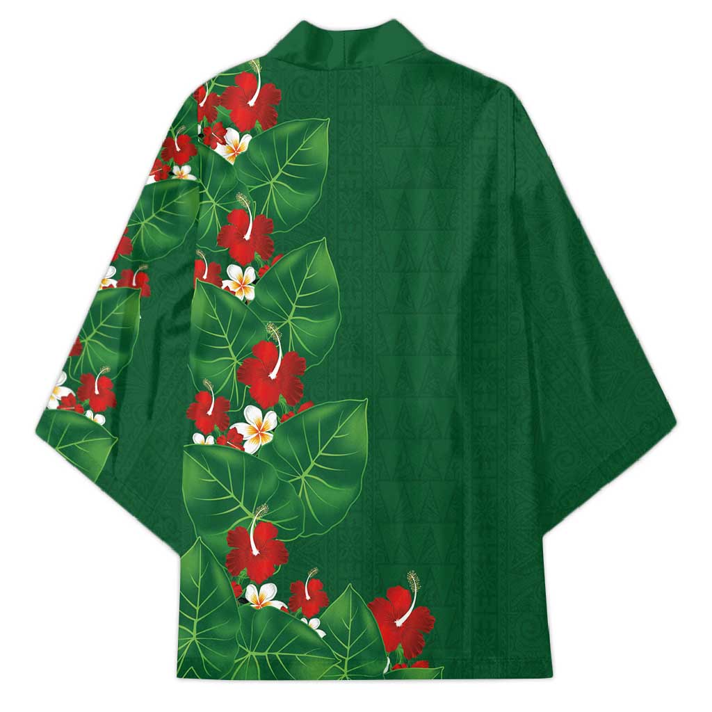 Hawaiian Taro Leaves-Hibiscus and Plumeria Kimono Polynesian Art-Kakau Tattoo Green