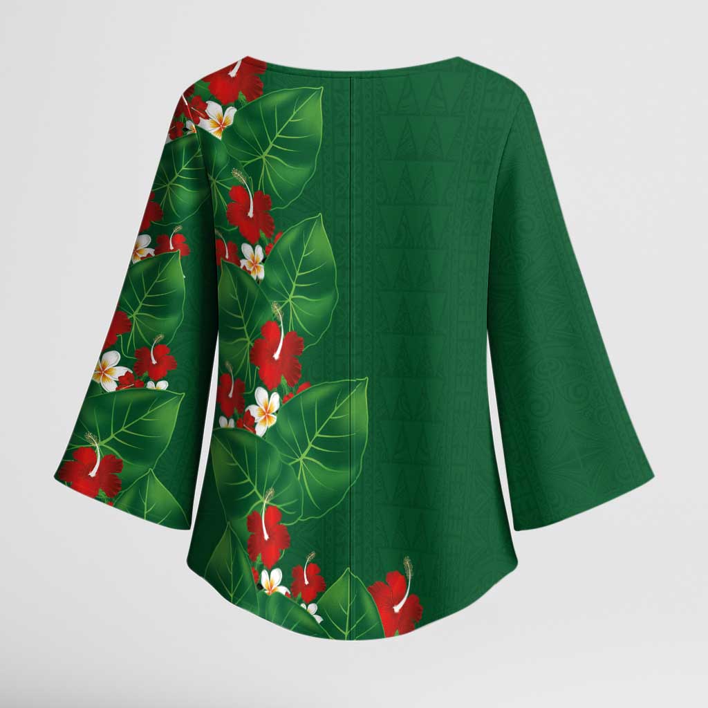 Hawaiian Taro Leaves-Hibiscus and Plumeria Kimono Sleeve Blouse Polynesian Art-Kakau Tattoo Green