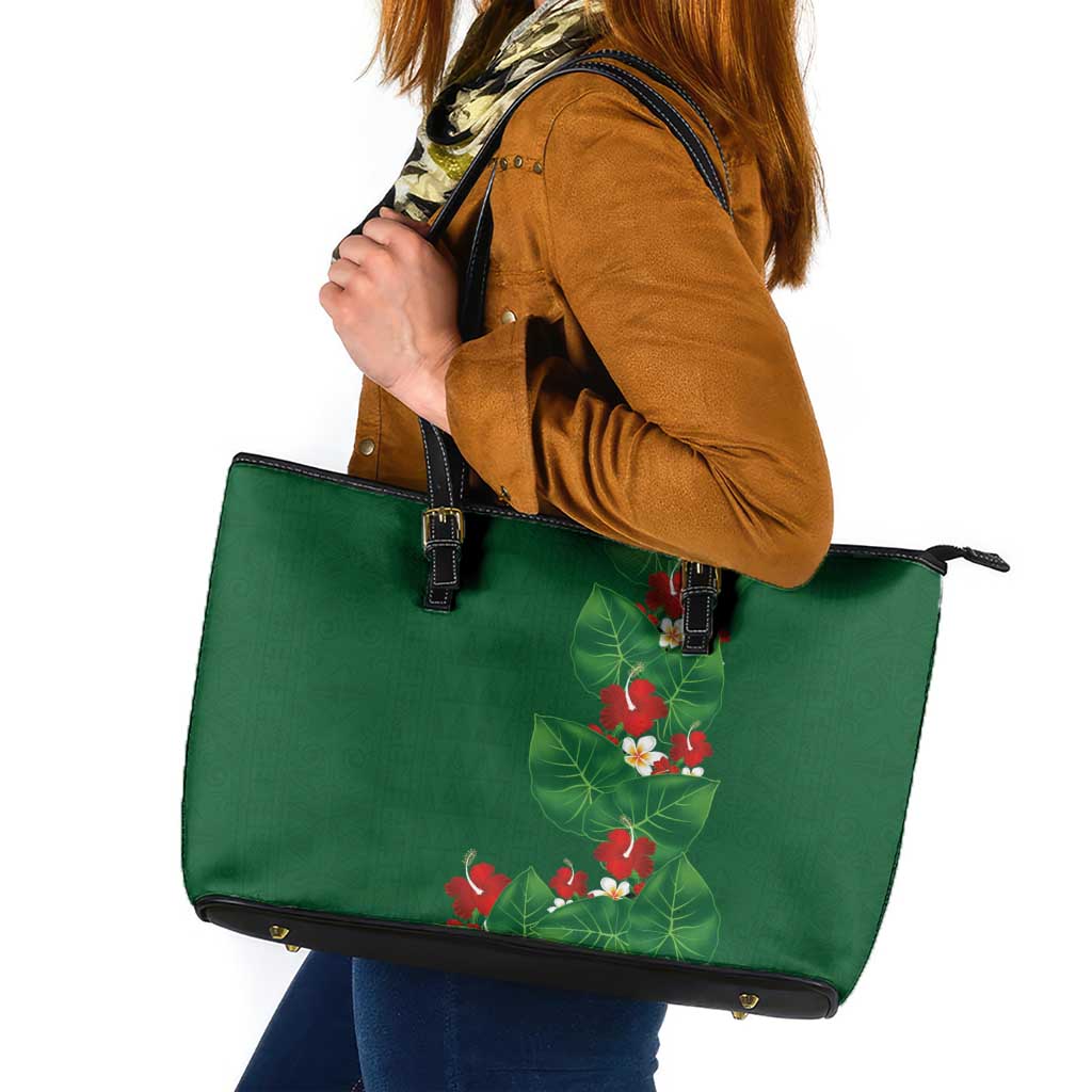 Hawaiian Taro Leaves-Hibiscus and Plumeria Leather Tote Bag Polynesian Art-Kakau Tattoo Green
