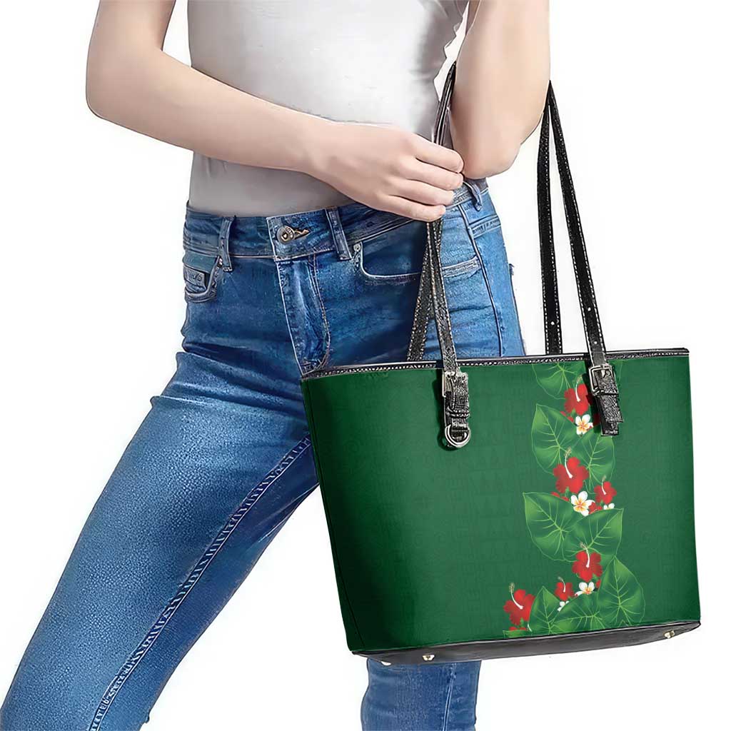 Hawaiian Taro Leaves-Hibiscus and Plumeria Leather Tote Bag Polynesian Art-Kakau Tattoo Green