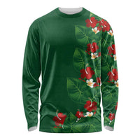 Hawaiian Taro Leaves-Hibiscus and Plumeria Long Sleeve Shirt Polynesian Art-Kakau Tattoo Green