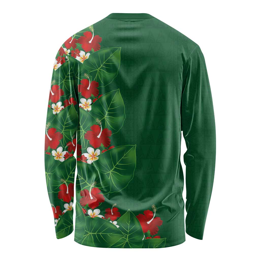Hawaiian Taro Leaves-Hibiscus and Plumeria Long Sleeve Shirt Polynesian Art-Kakau Tattoo Green