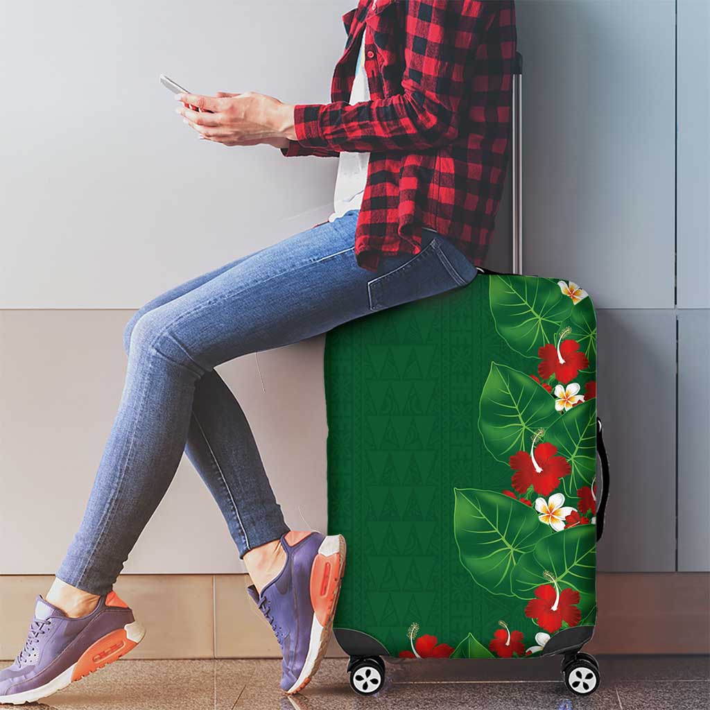 Hawaiian Taro Leaves-Hibiscus and Plumeria Luggage Cover Polynesian Art-Kakau Tattoo Green