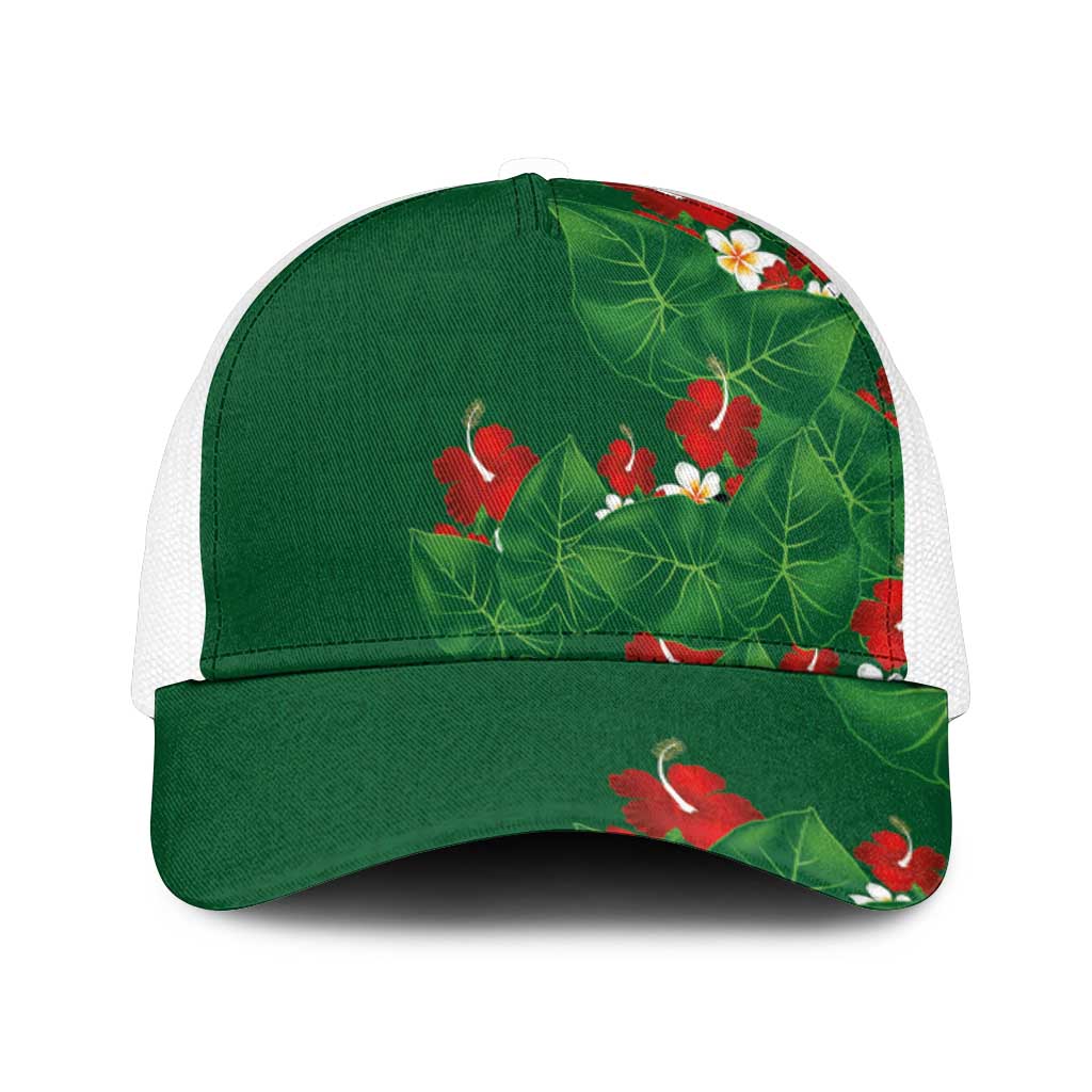 Hawaiian Taro Leaves-Hibiscus and Plumeria Mesh Trucker Cap Polynesian Art-Kakau Tattoo Green