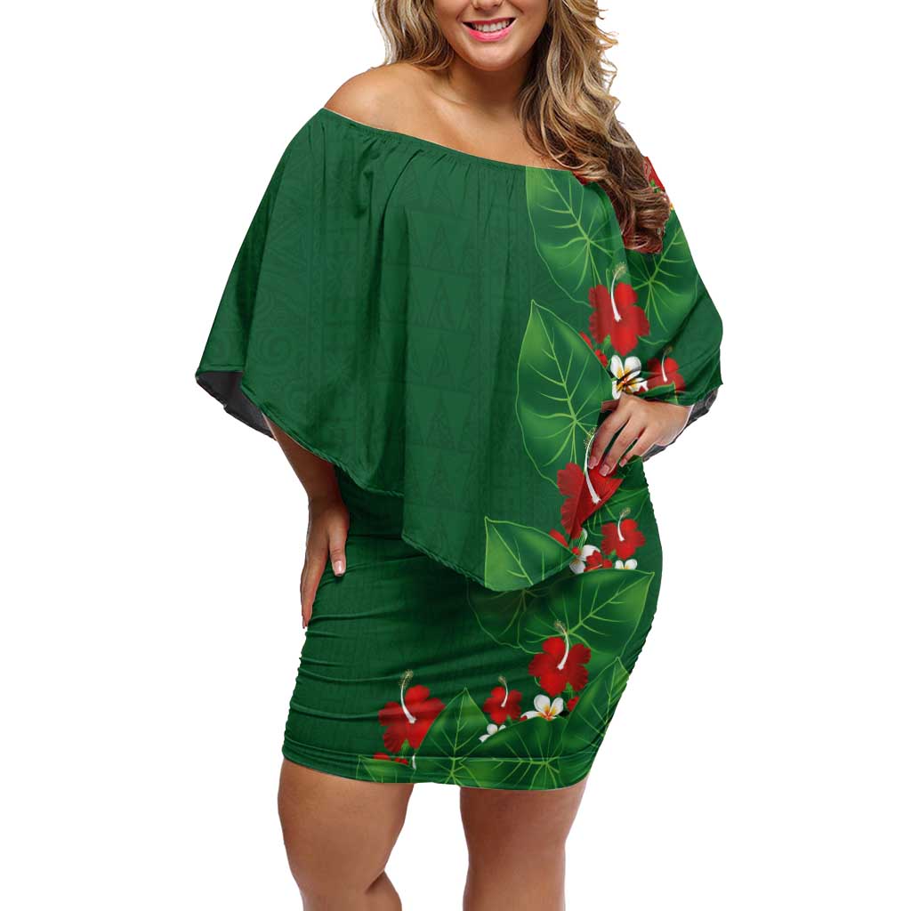 Hawaiian Taro Leaves-Hibiscus and Plumeria Off Shoulder Short Dress Polynesian Art-Kakau Tattoo Green
