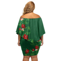 Hawaiian Taro Leaves-Hibiscus and Plumeria Off Shoulder Short Dress Polynesian Art-Kakau Tattoo Green