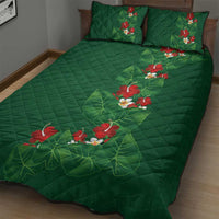 Hawaiian Taro Leaves-Hibiscus and Plumeria Quilt Bed Set Polynesian Art-Kakau Tattoo Green