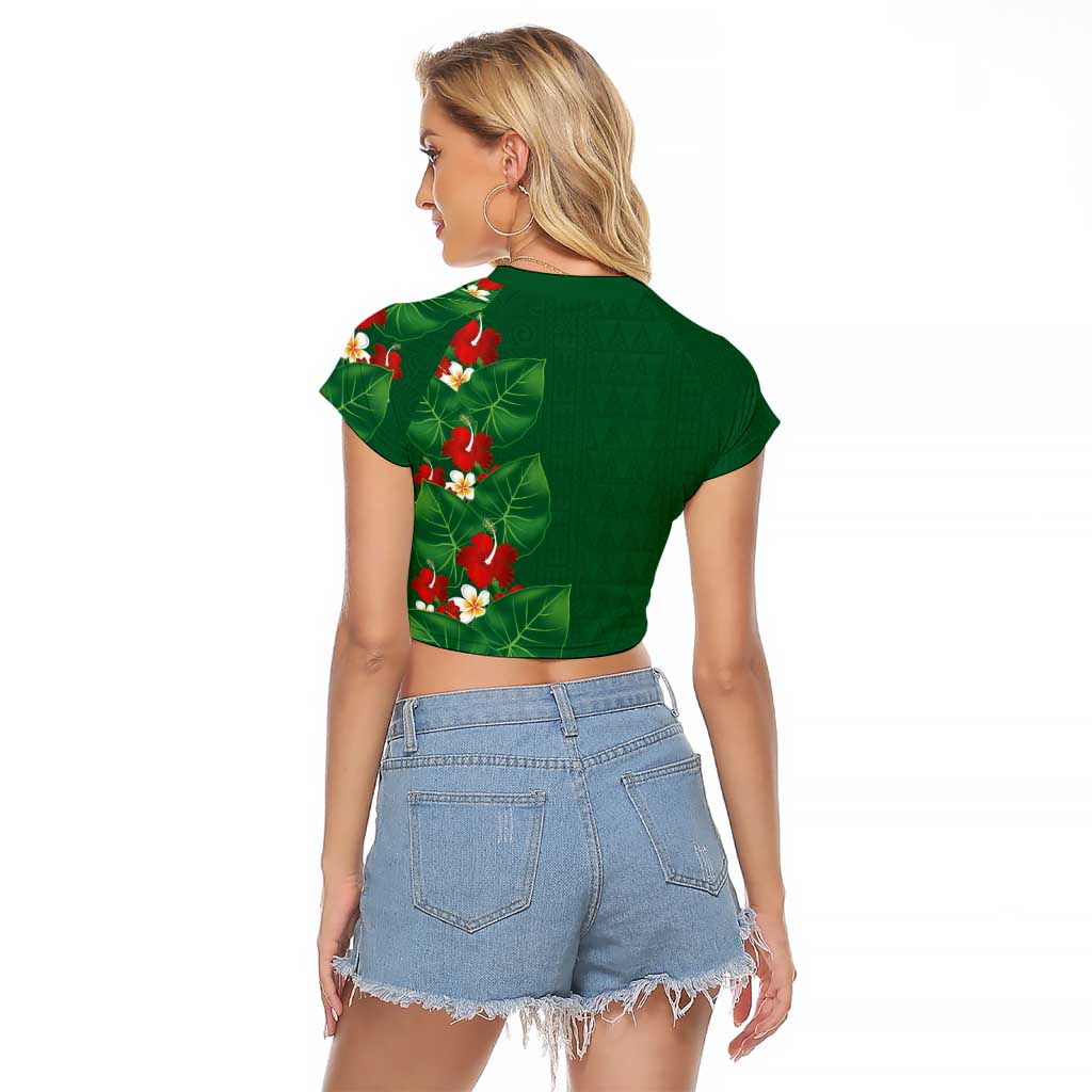 Hawaiian Taro Leaves-Hibiscus and Plumeria Raglan Cropped T Shirt Polynesian Art-Kakau Tattoo Green