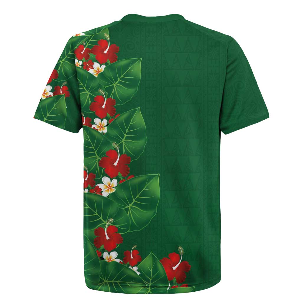 Hawaiian Taro Leaves-Hibiscus and Plumeria Rugby Jersey Polynesian Art-Kakau Tattoo Green