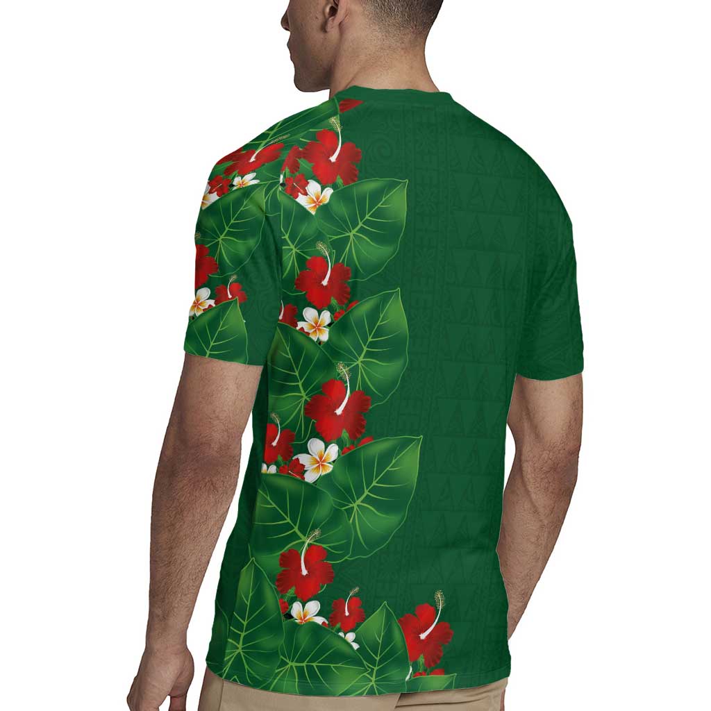 Hawaiian Taro Leaves-Hibiscus and Plumeria Rugby Jersey Polynesian Art-Kakau Tattoo Green