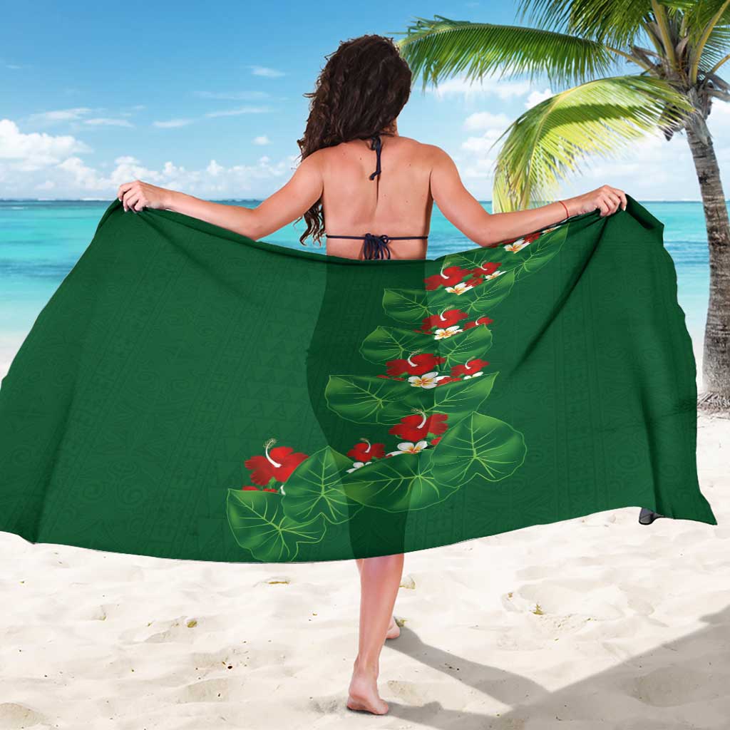 Hawaiian Taro Leaves-Hibiscus and Plumeria Sarong Polynesian Art-Kakau Tattoo Green