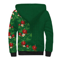 Hawaiian Taro Leaves-Hibiscus and Plumeria Sherpa Hoodie Polynesian Art-Kakau Tattoo Green