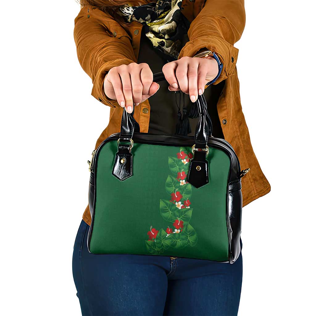 Hawaiian Taro Leaves-Hibiscus and Plumeria Shoulder Handbag Polynesian Art-Kakau Tattoo Green