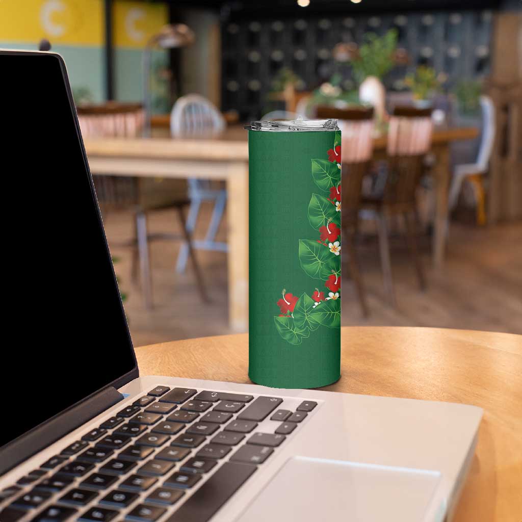 Hawaiian Taro Leaves-Hibiscus and Plumeria Skinny Tumbler Polynesian Art-Kakau Tattoo Green