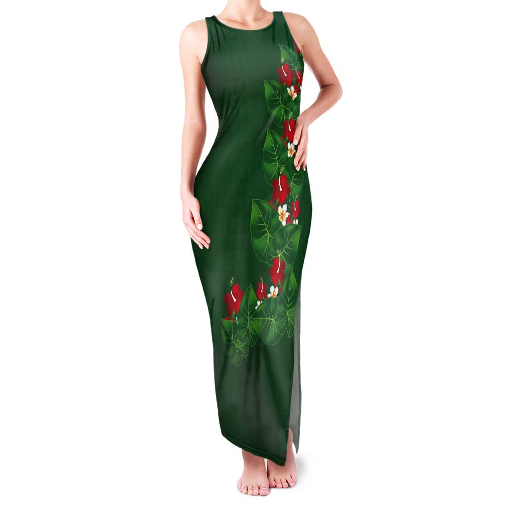 Hawaiian Taro Leaves-Hibiscus and Plumeria Tank Maxi Dress Polynesian Art-Kakau Tattoo Green