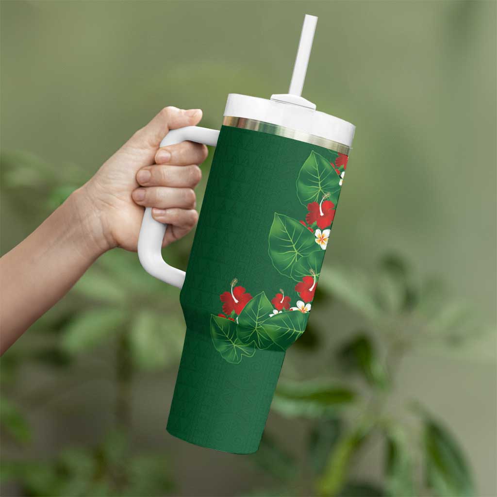 Hawaiian Taro Leaves-Hibiscus and Plumeria Tumbler With Handle Polynesian Art-Kakau Tattoo Green