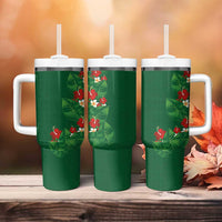 Hawaiian Taro Leaves-Hibiscus and Plumeria Tumbler With Handle Polynesian Art-Kakau Tattoo Green