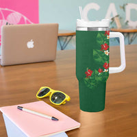 Hawaiian Taro Leaves-Hibiscus and Plumeria Tumbler With Handle Polynesian Art-Kakau Tattoo Green