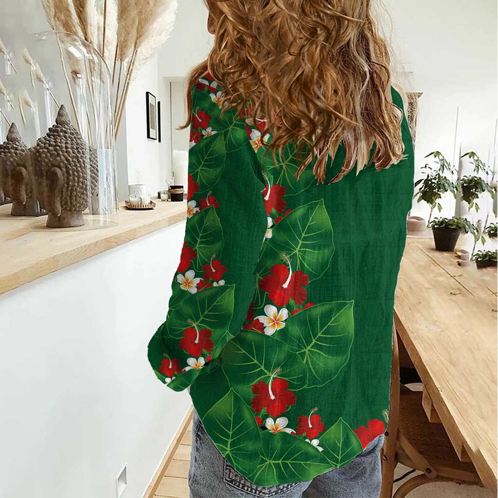 Hawaiian Taro Leaves-Hibiscus and Plumeria Women Casual Shirt Polynesian Art-Kakau Tattoo Green