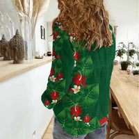 Hawaiian Taro Leaves-Hibiscus and Plumeria Women Casual Shirt Polynesian Art-Kakau Tattoo Green