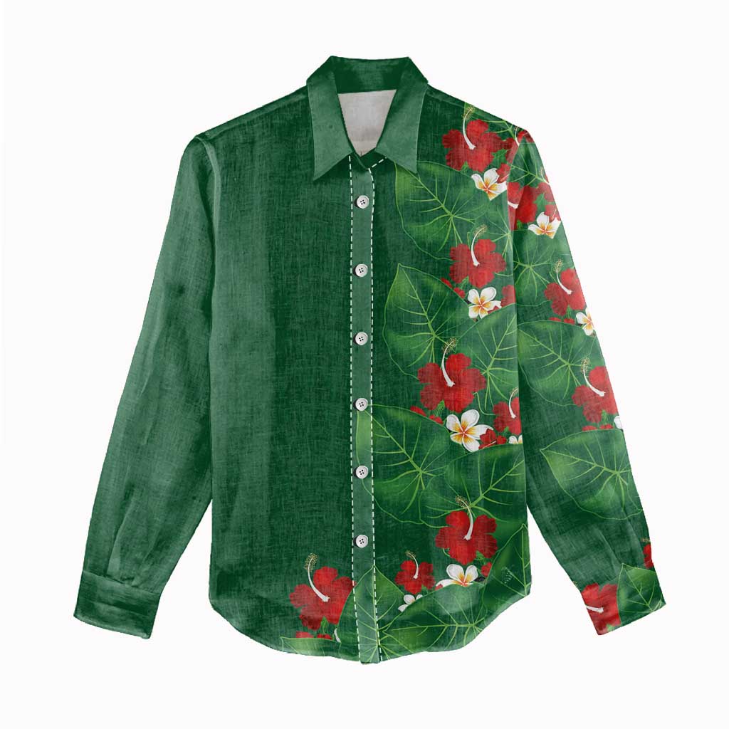 Hawaiian Taro Leaves-Hibiscus and Plumeria Women Casual Shirt Polynesian Art-Kakau Tattoo Green
