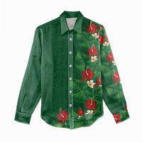 Hawaiian Taro Leaves-Hibiscus and Plumeria Women Casual Shirt Polynesian Art-Kakau Tattoo Green