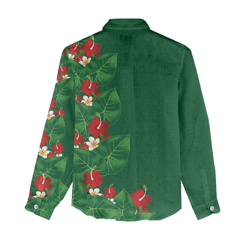Hawaiian Taro Leaves-Hibiscus and Plumeria Women Casual Shirt Polynesian Art-Kakau Tattoo Green