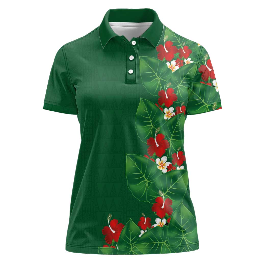 Hawaiian Taro Leaves-Hibiscus and Plumeria Women Polo Shirt Polynesian Art-Kakau Tattoo Green