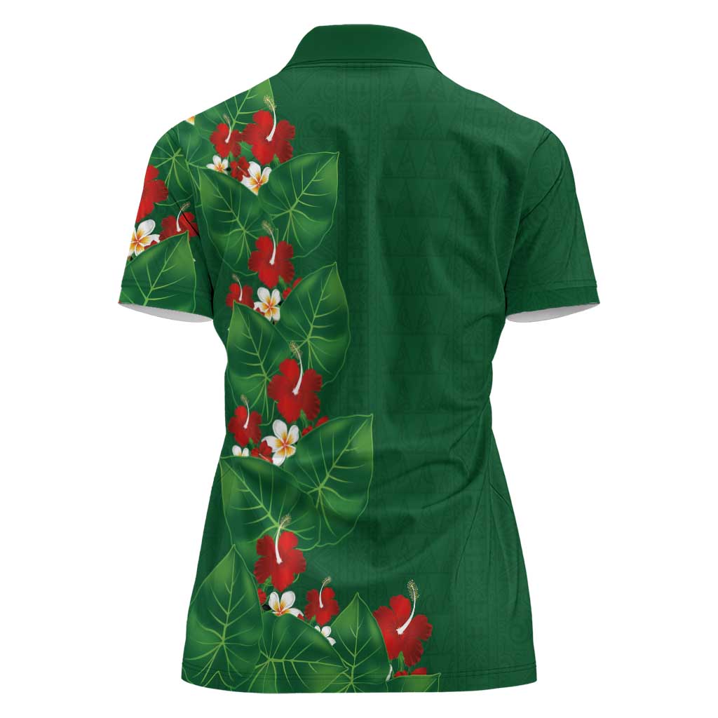 Hawaiian Taro Leaves-Hibiscus and Plumeria Women Polo Shirt Polynesian Art-Kakau Tattoo Green