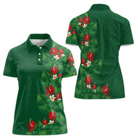 Hawaiian Taro Leaves-Hibiscus and Plumeria Women Polo Shirt Polynesian Art-Kakau Tattoo Green