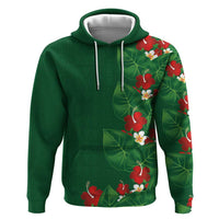 Hawaiian Taro Leaves-Hibiscus and Plumeria Zip Hoodie Polynesian Art-Kakau Tattoo Green