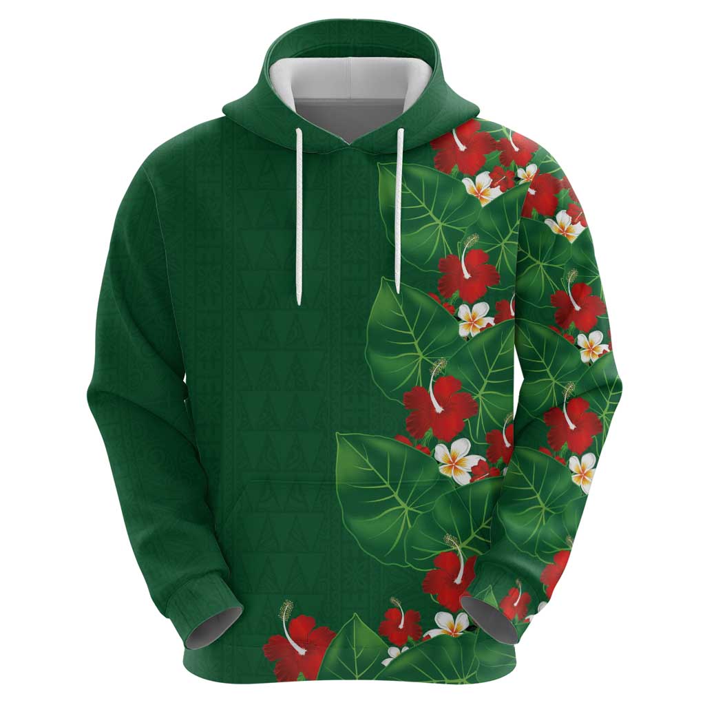 Hawaiian Taro Leaves-Hibiscus and Plumeria Zip Hoodie Polynesian Art-Kakau Tattoo Green
