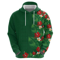 Hawaiian Taro Leaves-Hibiscus and Plumeria Zip Hoodie Polynesian Art-Kakau Tattoo Green