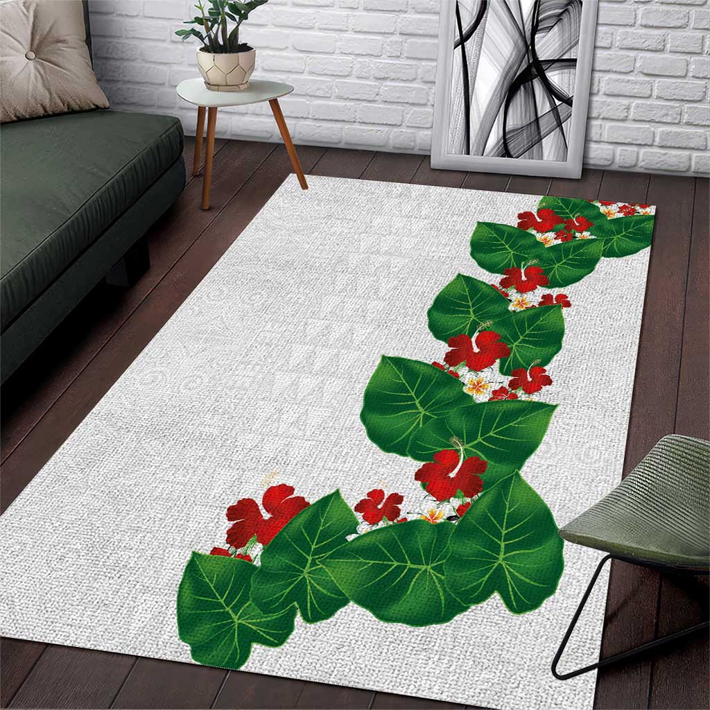 Hawaiian Taro Leaves-Hibiscus and Plumeria Area Rug Polynesian Art-Kakau Tattoo White
