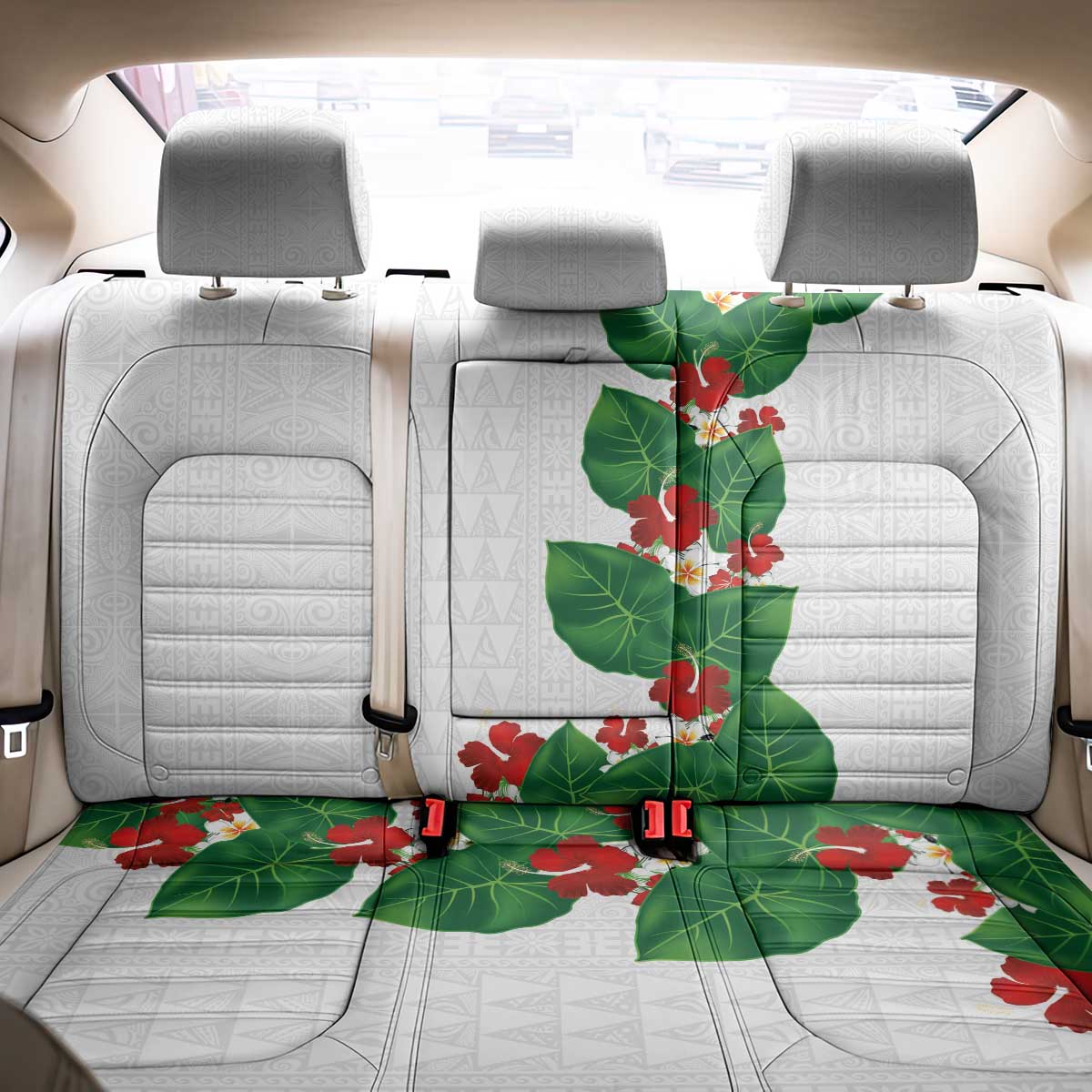 Hawaiian Taro Leaves-Hibiscus and Plumeria Back Car Seat Cover Polynesian Art-Kakau Tattoo White