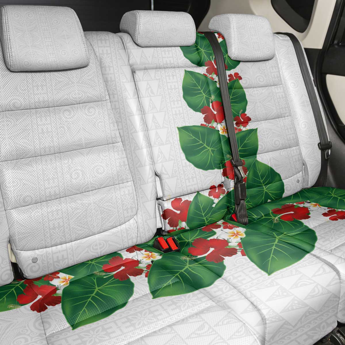 Hawaiian Taro Leaves-Hibiscus and Plumeria Back Car Seat Cover Polynesian Art-Kakau Tattoo White