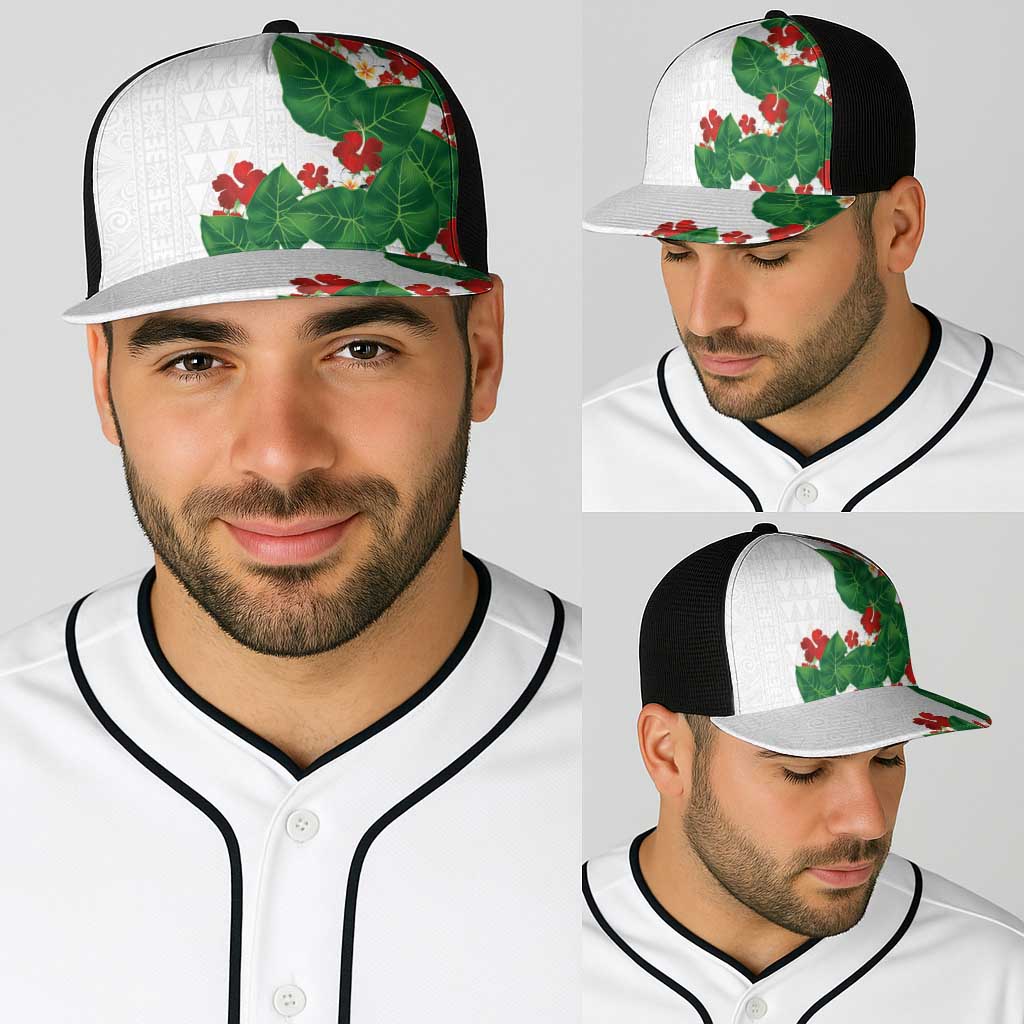 Hawaiian Taro Leaves-Hibiscus and Plumeria Baseball Net Cap Polynesian Art-Kakau Tattoo White LT03 - Polynesian Pride
