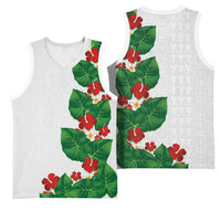 Hawaiian Taro Leaves-Hibiscus and Plumeria Basketball Jersey Polynesian Art-Kakau Tattoo White