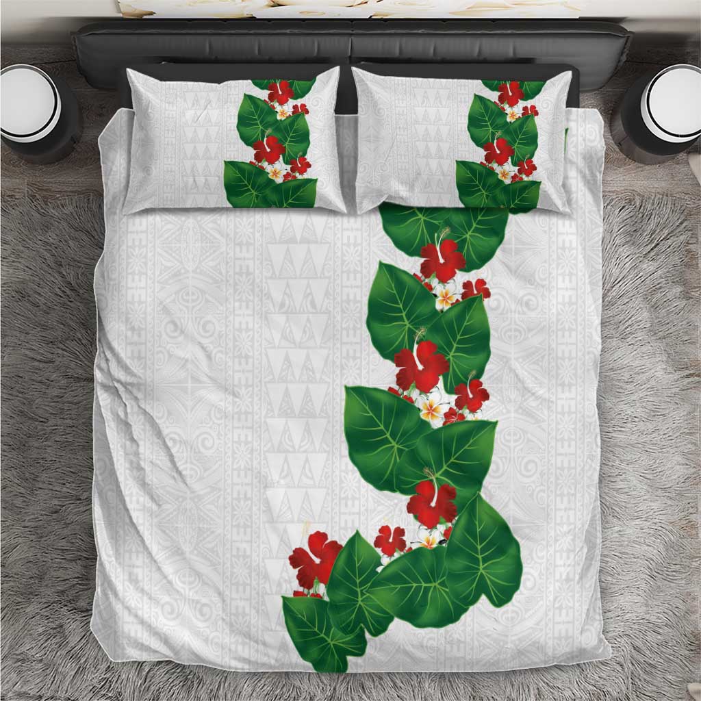 Hawaiian Taro Leaves-Hibiscus and Plumeria Bedding Set Polynesian Art-Kakau Tattoo White