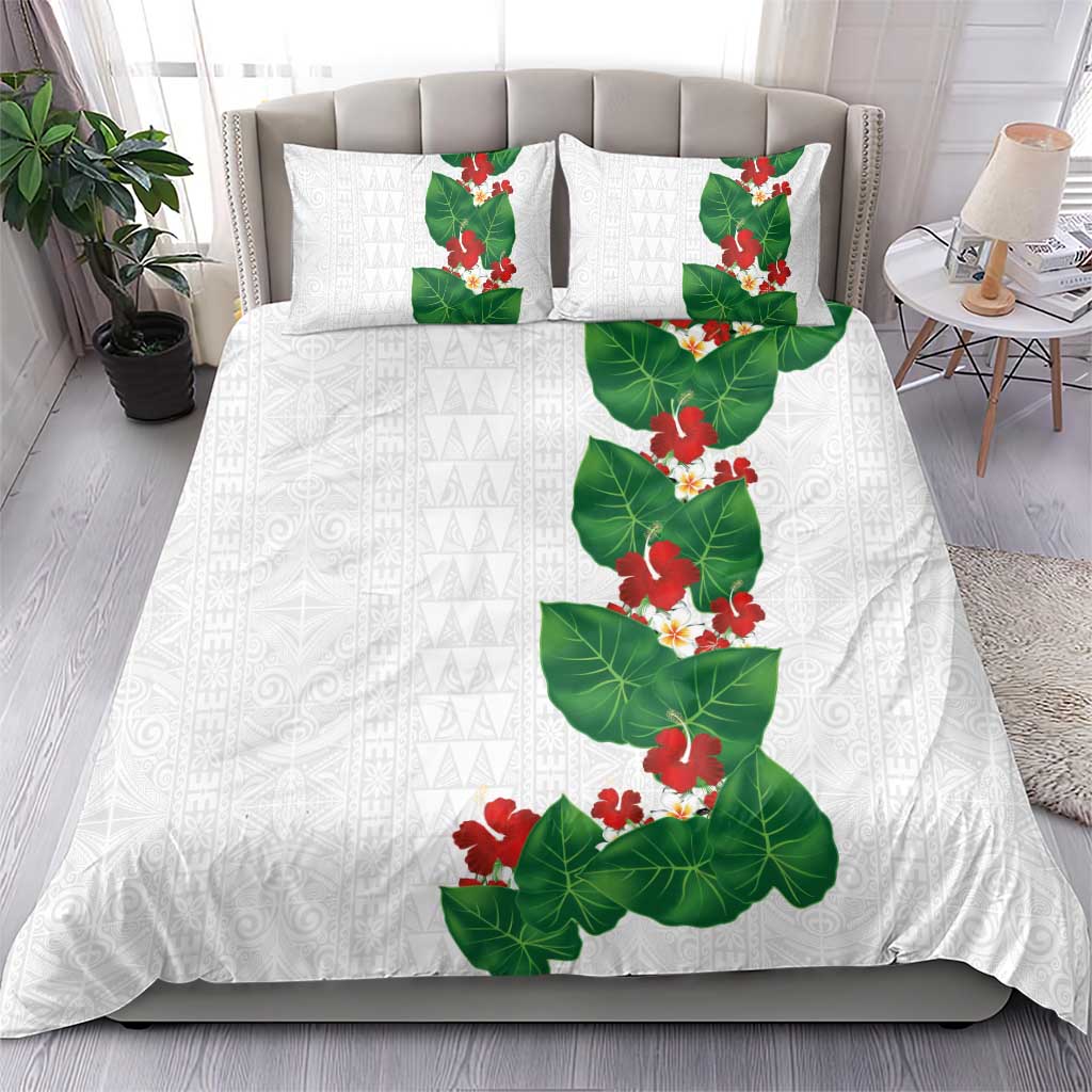 Hawaiian Taro Leaves-Hibiscus and Plumeria Bedding Set Polynesian Art-Kakau Tattoo White LT03 - Polynesian Pride