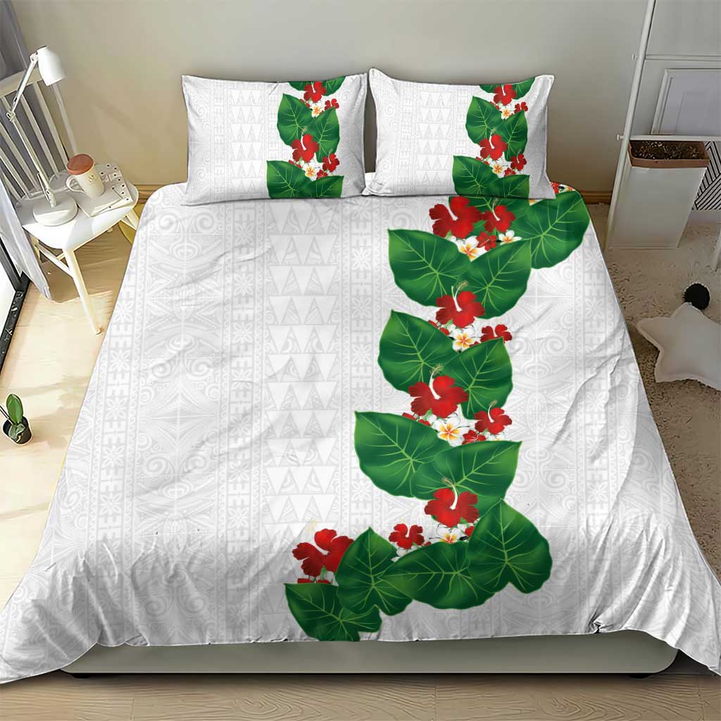 Hawaiian Taro Leaves-Hibiscus and Plumeria Bedding Set Polynesian Art-Kakau Tattoo White LT03 - Polynesian Pride
